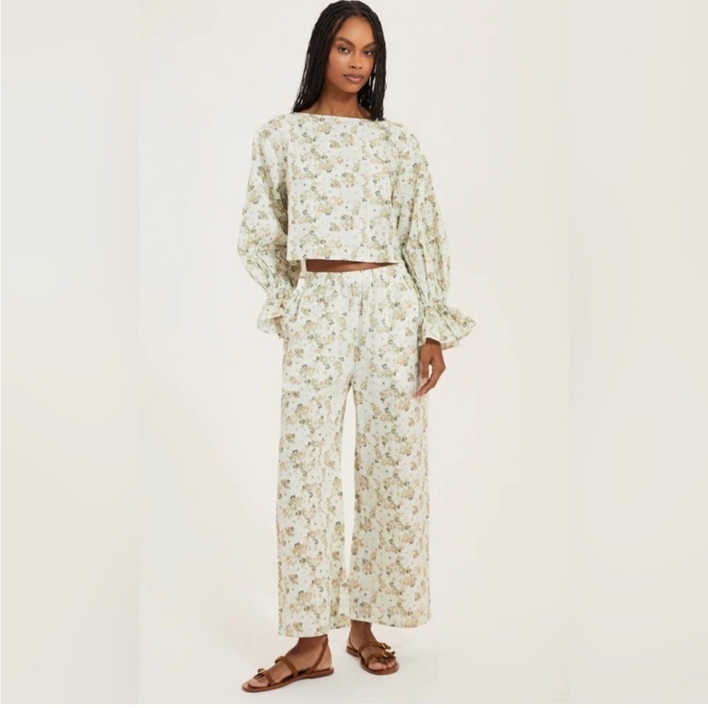Something Navy Floral Wide Leg Pant Linen